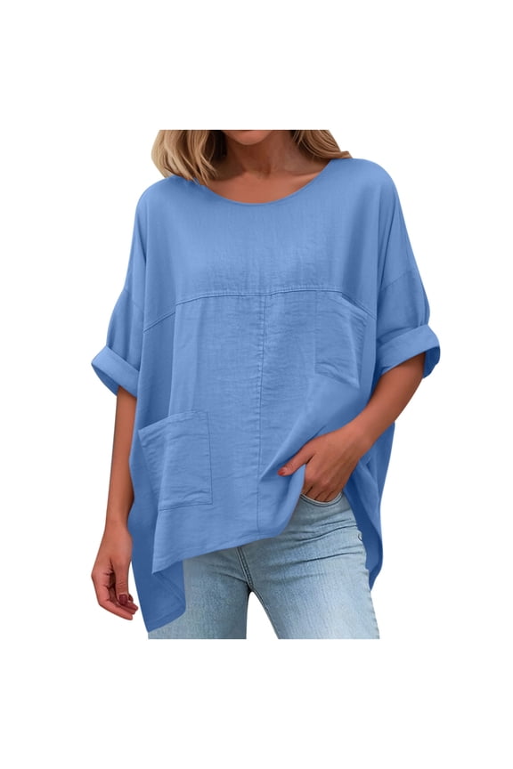 Womens Oversized Tunic Top with Pockets | 100% Cotton Loose Fit Casual Shirt | Blue Short Sleeve Summer Top with Curved Hem,Size XL