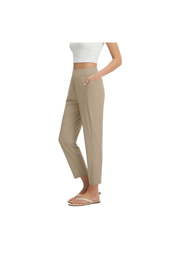 Womens Pants Casual High Waisted Straight Leg Cropped with Pockets, Ankle Length Pull On Comfy Lounge Work Travel Khaki,Size XL