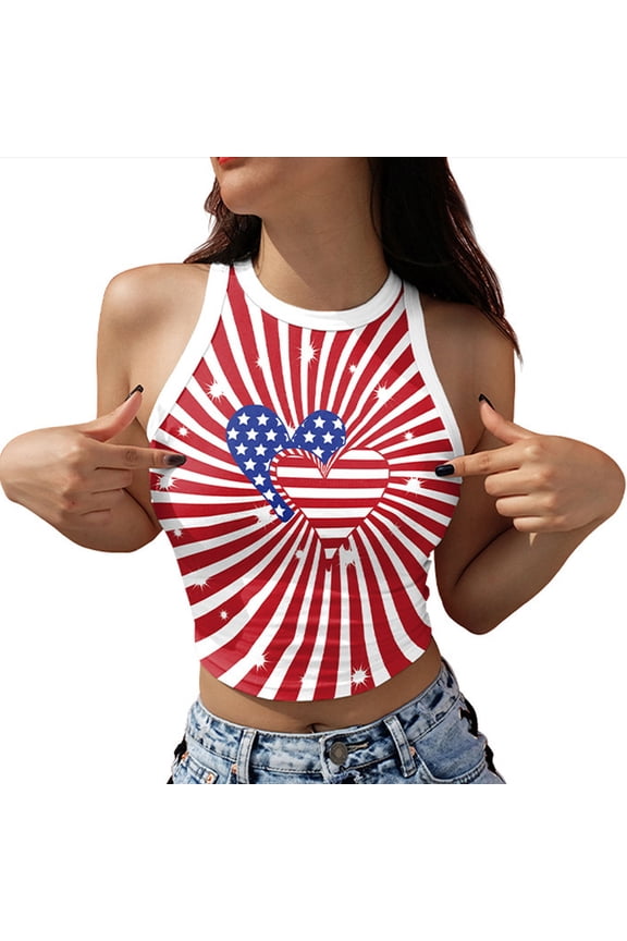 Womens Patriotic Crop Top Halter Neck Sleeveless 4th of July Tank Top Multicolor S-XXL,Size M