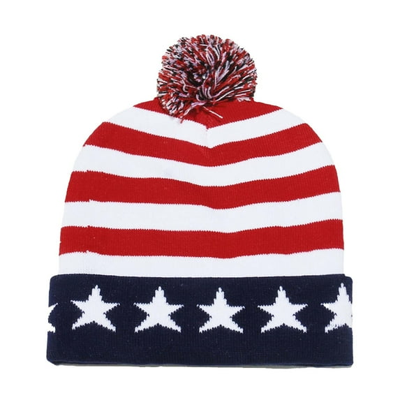 SYMOID Womens Patriotic Pom Pom Cuffed Beanie - Multicolor Red White Blue Polyester Warm Hat for 4th of July & Winter,Size Free Size