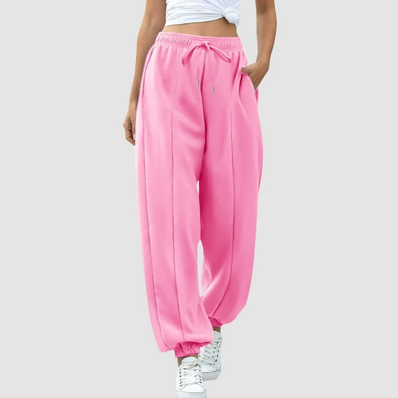 SYMOID Womens Pink High Waisted Jogger Pants 100% Polyester Elastic Drawstring Waist Cuffed Ankles Side Pockets,Size L