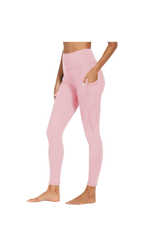 Womens Pink High Waisted Leggings with Side Pockets - Polyester Spandex, Tummy Control, Full Length, Stretchable & Durable for Workout & Casual Wear,Size S