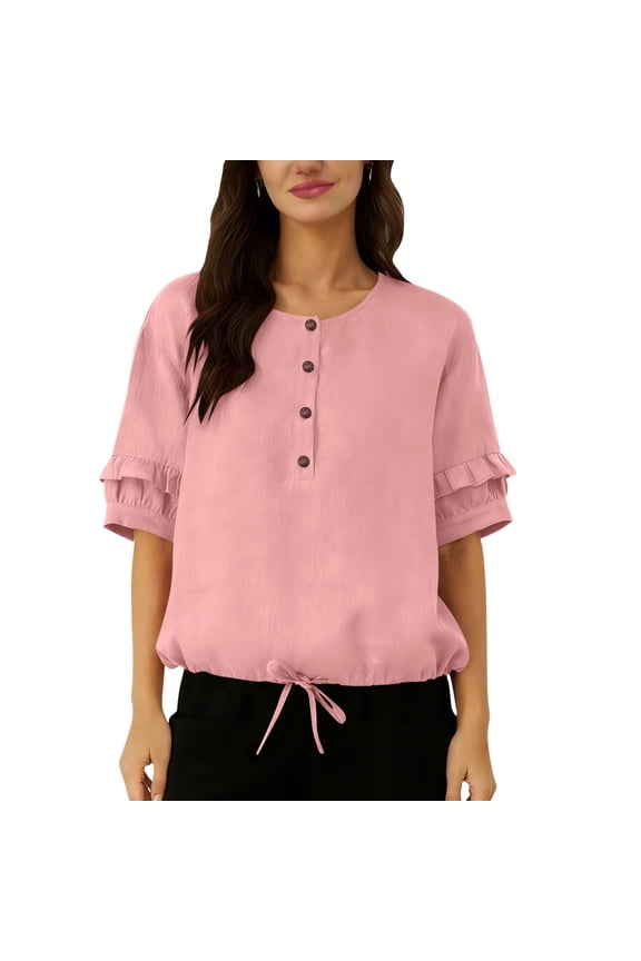 Womens Pink Linen Blend Top Short Sleeve Henley Shirt with Puff Ruffle Sleeves, Relaxed Oversized Fit & Adjustable Drawstring Hem,Size 2XL