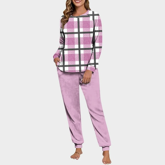 SYMOID Womens Pink Plaid Long Sleeve Pajama Set - Soft 100% Polyester, with Cuffed Ankle Jogger Pants, for Sleeping & Lounging, S-XXL,Size 2XL