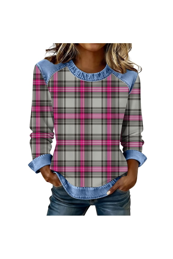 Womens Pink Plaid Top Long Sleeve Casual Shirt with Denim Trim Relaxed Fit Soft Everyday Loungewear,Size 2XL