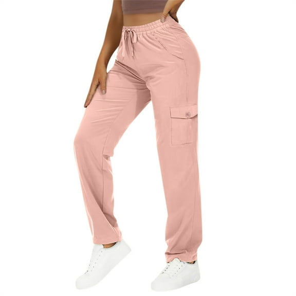 SYMOID Womens Pink Stretchy Cargo Pants - Elastic Drawstring Waist, Nylon Spandex Blend - Multi-Pocket Relaxed Fit Utility Pants for Daily/Work,Size M