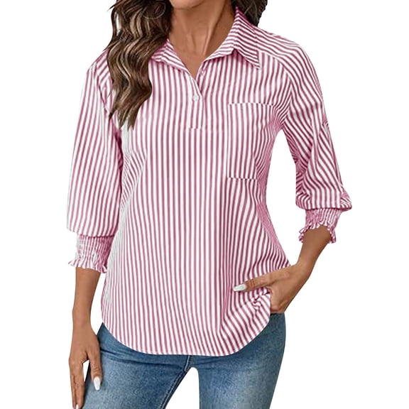SYMOID Womens Pink Striped Blouse, 3/4 Sleeve Tunic Top with Ruffle Cuff, Relaxed Fit Wrinkle Resistant Shirt in Polyester Spandex,Size S