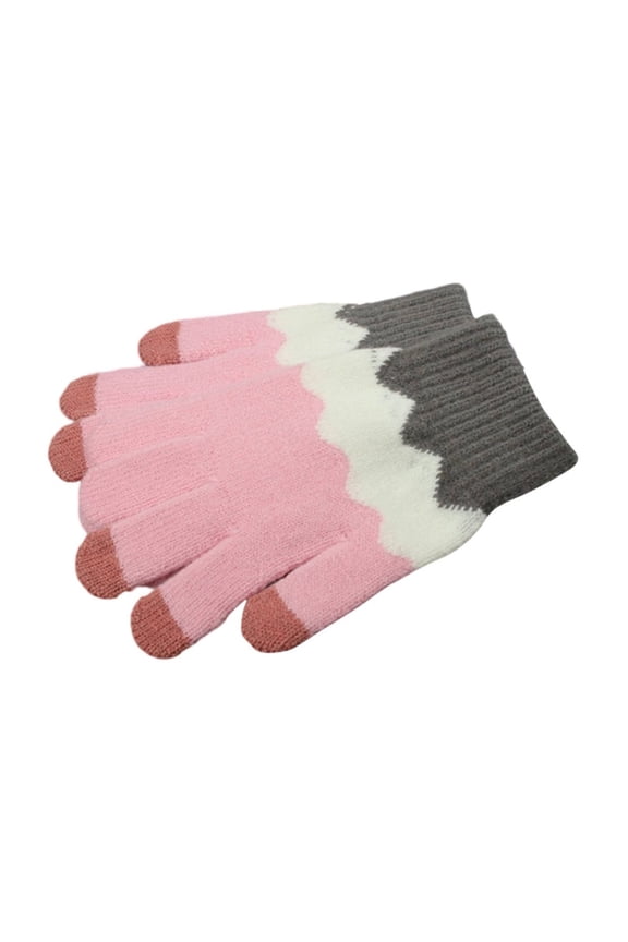 Womens Pink Touchscreen Winter Gloves - Acrylic Knit with Chevron Pattern, Ribbed Cuffs & Free Size for Cold Weather,Size Free Size