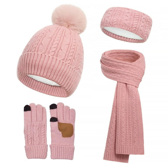 SYMOID Womens Pink Wool Winter 4-Piece Accessory Set: Beanie, Scarf, Touchscreen Gloves, Headband - Fleece-Lined, Classic Cable Knit, Faux Faux Fur Pom-Pom,Size Free Size