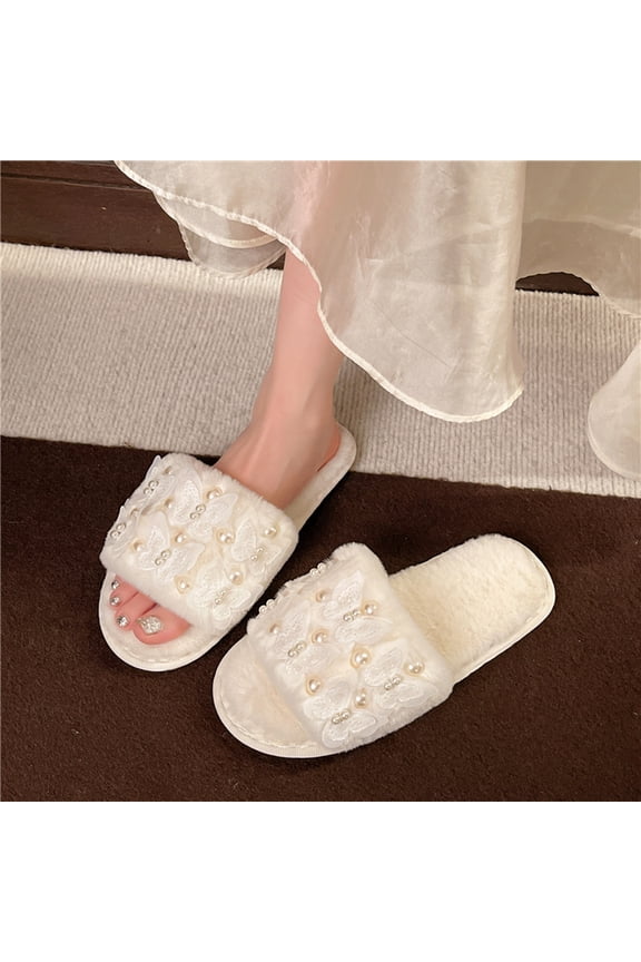Womens Pl-Sh Slippers Open-Toe, White Nylon Spandex with Bu-Ly Pearls Rhinestones, Comfortable Sturdy Sole for indoor Home Loungewear,Size 36
