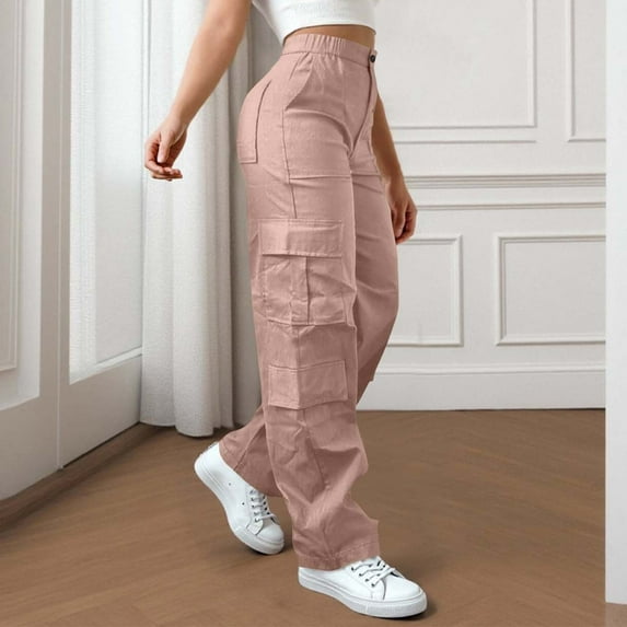SYMOID Womens Plus Pink High Waisted Cargo Pants - 100% Polyester, Elastic Waist, Multiple Pockets, Loose Straight Leg, Casual Outdoor Style,Size 3XL
