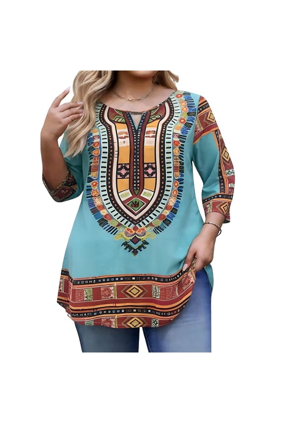 Womens Plus Size African Print Tunic Tops Dashiki Style Blouses V Neck 3/4 Sleeve Casual Summer Beach Vacation Blue,Size XL