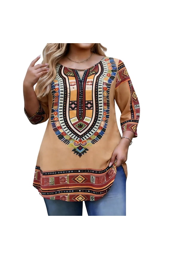 Womens Plus Size African Print Tunic Tops Dashiki Style V Neck 3/4 Sleeve Blouses Casual Summer Beach Vacation Brown,Size 3XL