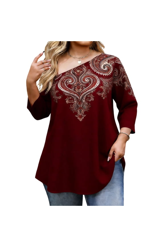 Womens Plus Size Asymmetrical One Shoulder Tunic Top Wine Paisley Print Boho Blouse 3/4 Sleeve High Low Hem Soft Stretchy Flowy,Size 5XL