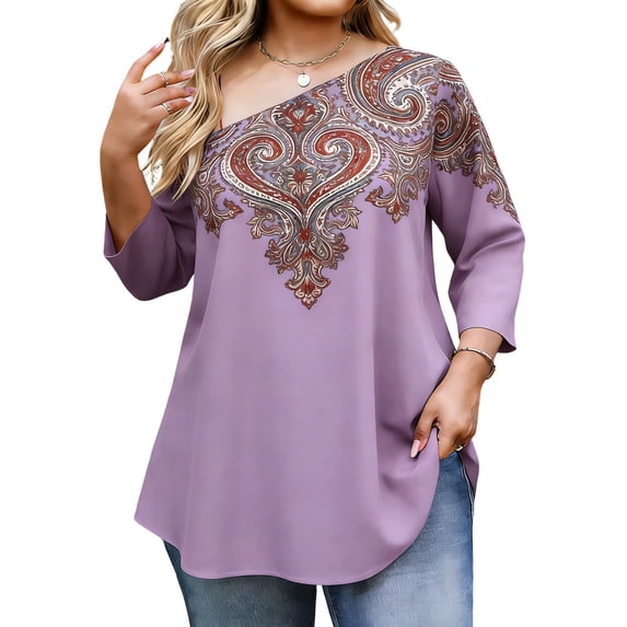 SYMOID Womens Plus Size Boho One Shoulder Tunic Top Purple Paisley Print Asymmetrical Blouse 3/4 Sleeve High Low Hem Soft Stretchy Flowy,Size 5XL
