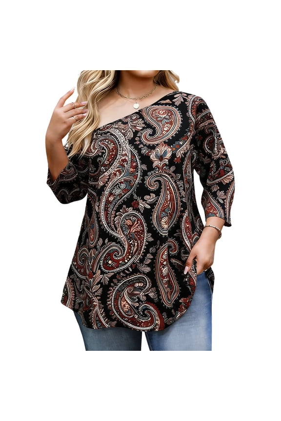 Womens Plus Size Boho Paisley Print Off Shoulder Blouse Flowy 3/4 Sleeve Tunic Top Casual Black,Size 2XL