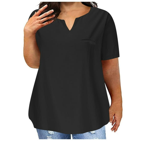 SYMOID Womens Plus Size Casual Short Sleeve V Neck Pullover Top for Daily Summer Wear,Black,Size M