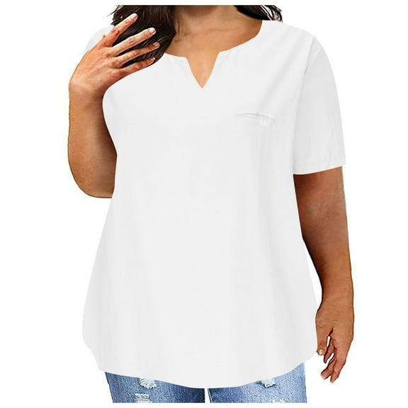 SYMOID Womens Plus Size Casual Short Sleeve V Neck Pullover Top for Daily Summer Wear,White,Size M