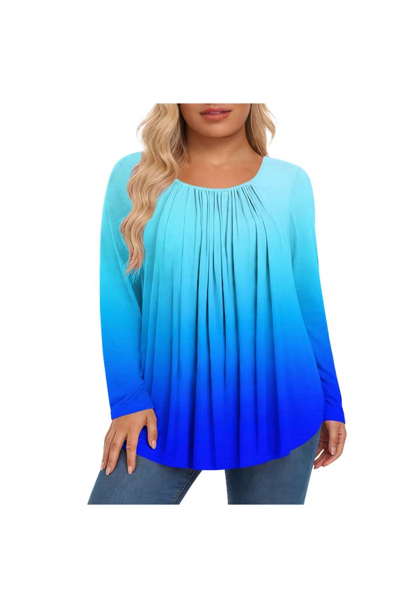 Womens Plus Size Gradient Ombre Long Sleeve Top Blue Flowy Tunic Blouse L to 4X Soft Casual,Size L