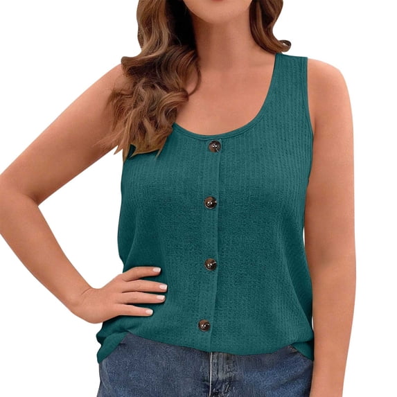 SYMOID Womens Plus Size Green Button Front Tank Top Sleeveless Waffle Knit Scoop Neck Relaxed Fit Curved Hem Casual Top,Size 2XL