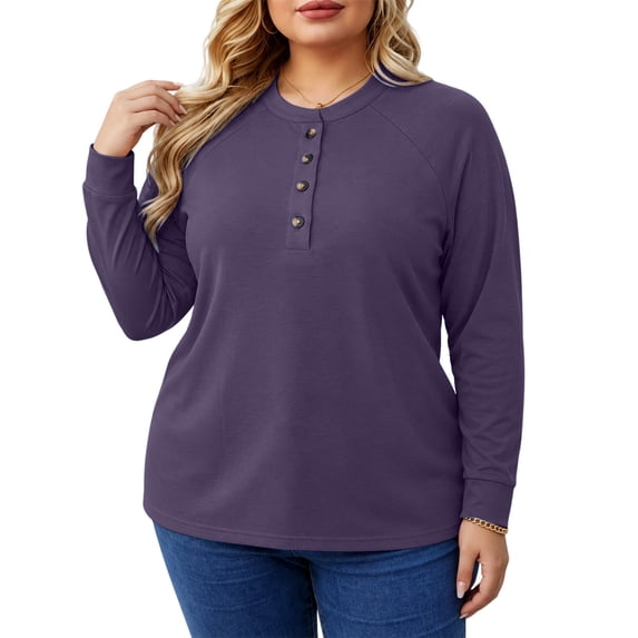 SYMOID Womens Plus Size Long Sleeve Henley Top with Button Placket, Relaxed Fit Solid Purple,Size 5XL