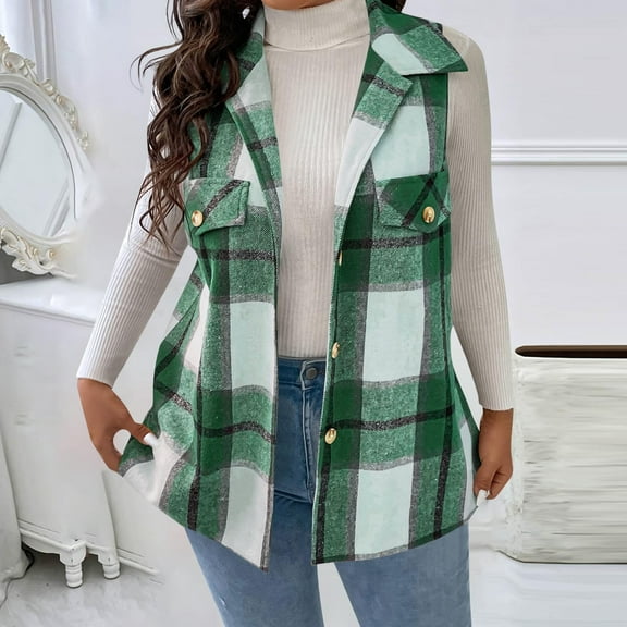 SYMOID Womens Plus Size Plaid Vest Sleeveless Green Checkered Button Down Tank Top, Open Front Layering Vest with Pockets for Fall Casual Outfits,Size 3XL