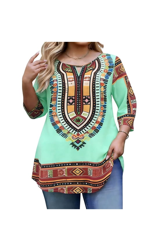 Womens Plus Size Tunic Tops Dashiki Style African Print Blouses 3/4 Sleeve V Neck Casual Loose Fit Summer Beach Vacation Green,Size XL
