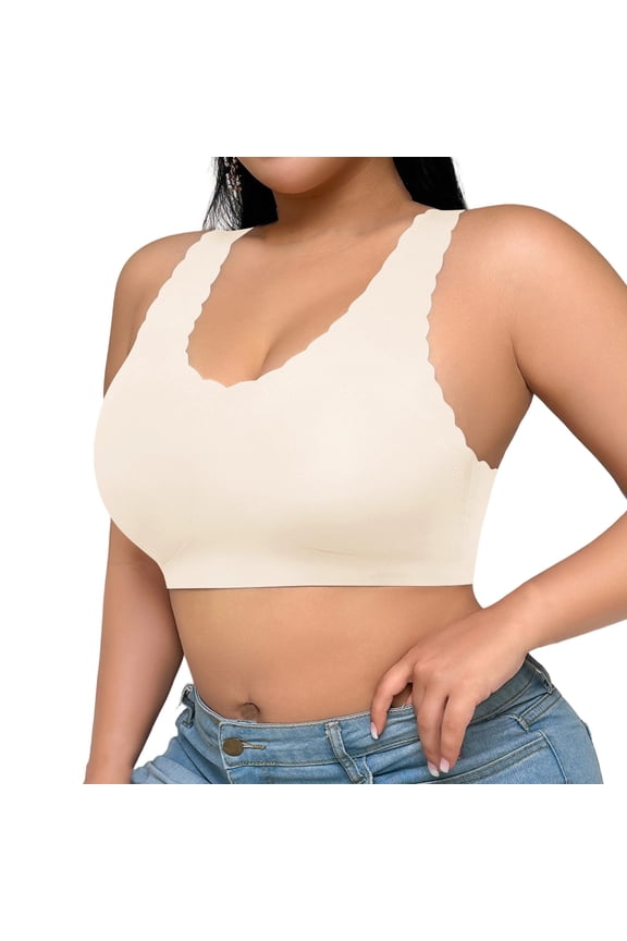 Womens Plus Size Wireless Comfort Bra Seamless Racerback V-Neck Nylon Spandex Full Coverage T-Shirt Bra with Scalloped Edge Trim Beige,Size 3XL
