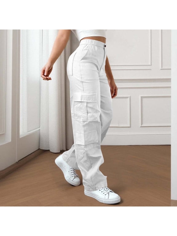 Womens Plus White High Waisted Cargo Pants - 100% Polyester, Elastic Waist, Multiple Pockets, Loose Straight Leg, Casual Outdoor Style,Size 3XL