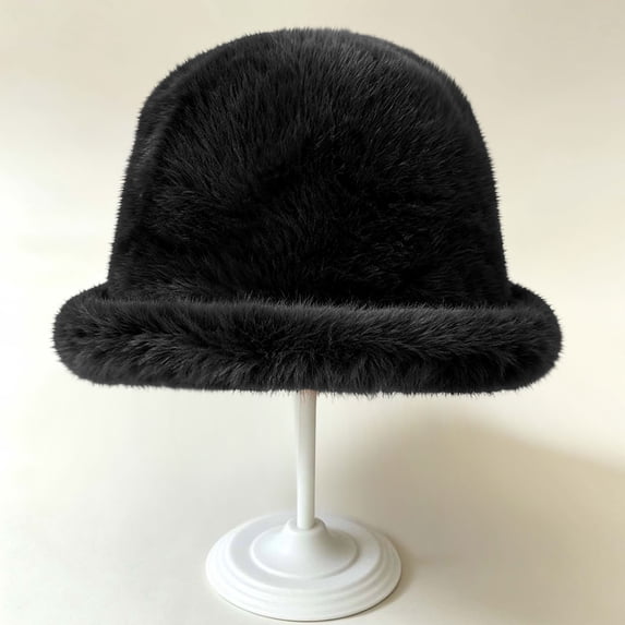 SYMOID Womens Plush Faux Faux Fur Bucket Hat - Warm Winter Cloche Hat with Rolled Brim, Black Hats,Size Free Size