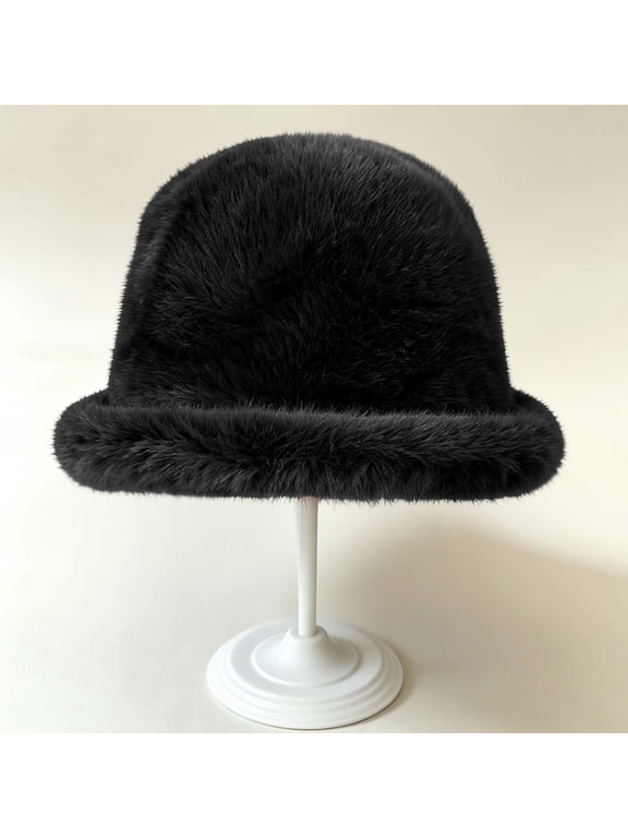 Womens Plush Faux Faux Fur Bucket Hat - Warm Winter Cloche Hat with Rolled Brim, Black Hats,Size Free Size