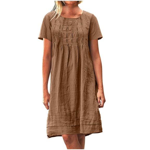 SYMOID Womens Polyester Solid Color Classic Fit Short Sleeve A - Line Knee - Length Casual Dress with Pockets,Brown,Size M