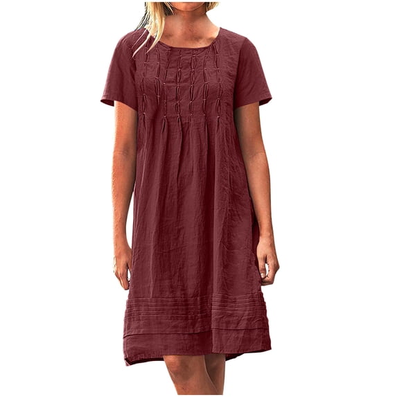SYMOID Womens Polyester Solid Color Classic Fit Short Sleeve A - Line Knee - Length Casual Dress with Pockets,Wine,Size M