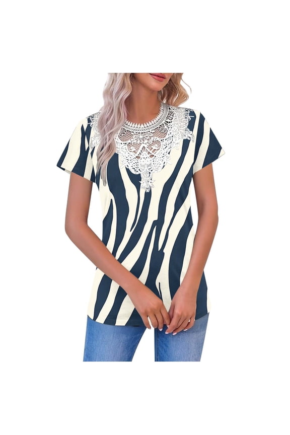 Womens Print Short Sleeve Top with Lace Neckline, Relaxed Fit Casual Blouse, Comfort Stretch Polyester Spandex, Sizes S-XXXL,Size L