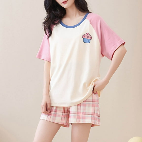 SYMOID Womens Printing Polyester Round Neck Short Sleeve Pajama Sets with Elastic Pants for Everyday Casual Wear,Pink,Size L
