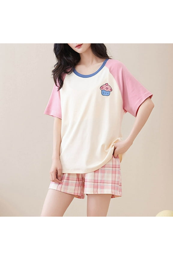 Womens Printing Polyester Round Neck Short Sleeve Pajama Sets with Elastic Pants for Everyday Casual Wear,Pink,Size L