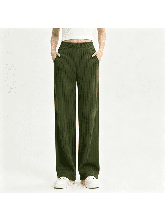 Womens Pull on Ribbed Knit Wide Leg Pants High Rise Relaxed Fit with Side Pockets,Size M