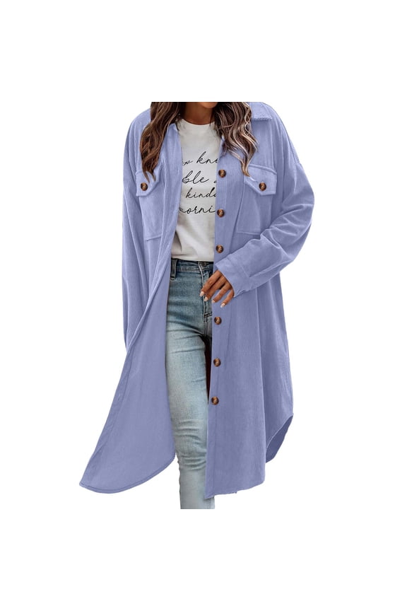 Womens Purple Corduroy Shacket - Soft Cotton Spandex Longline Oversized Relaxed Fit Shirt Jacket with Chest & Side Pockets for Spring Fall,Size XL
