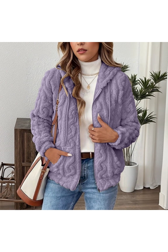 Womens Purple Fuzzy Hooded Jacket - 100% Polyester, Full-Zip, Kangaroo Pockets, Adjustable Hood Drawstrings, Warm Cozy, S-XXL for Fall/Winter Casual Days,Size S