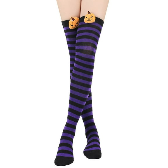 SYMOID Womens Purple Hall-oween Over-the-Knee Socks - Striped with Pumpkin Accent, 100% Polyester Free Size for Hall-oween Costume & Party,Size Free Size