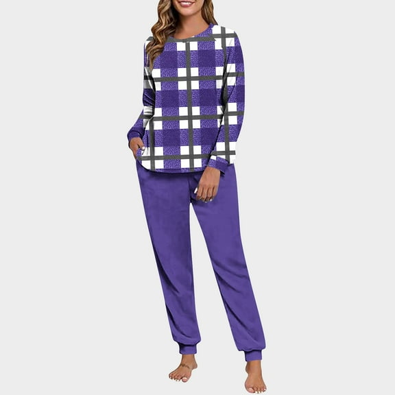 SYMOID Womens Purple Plaid Long Sleeve Pajama Set - 100% Polyester Soft, Cuffed Jogger Pants, for Sleeping & Lounging, S-XXL,Size M