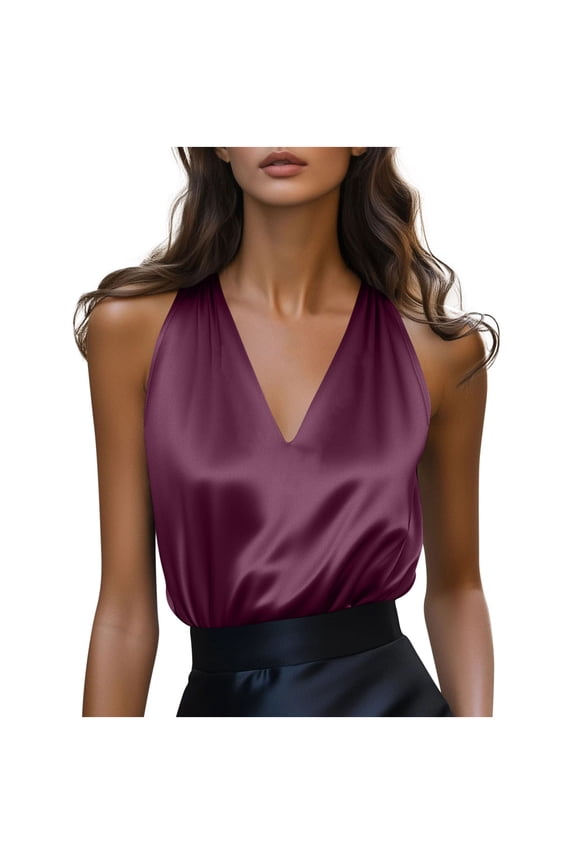 Womens Purple Satin Halter Neck Top | Sleeveless V-Neck Blouse for Wedding, Party, Night Out | Plus Size Elegant Satin Shirt,Size 2XL