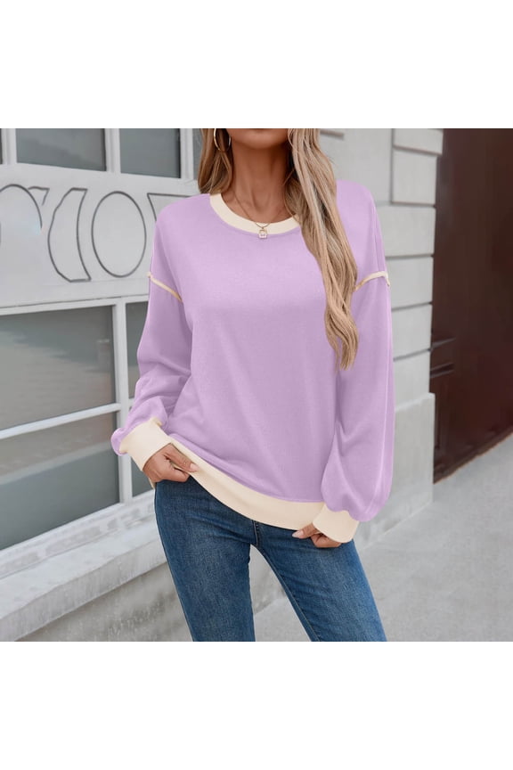 Womens Purple Sweatshirt, Nylon Spandex Soft Stretch Loose Fit Crew Neck w/ Contrast Trim for Casual Wear & Lounging,Size S