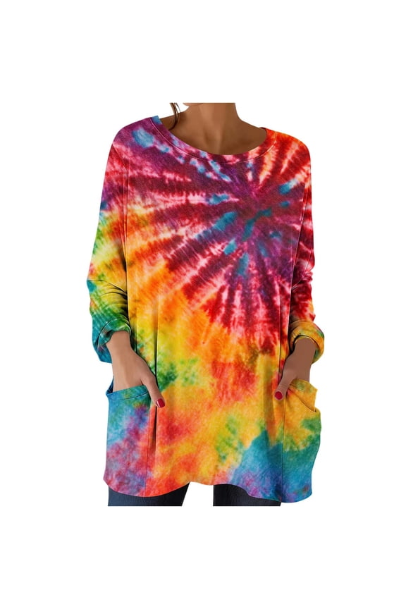 Womens Rainbow Spiral Tie-Dye Tunic Top with Side Pockets, Soft Stretch Long Sleeve Relaxed Fit Shirt for Women,Size 2XL