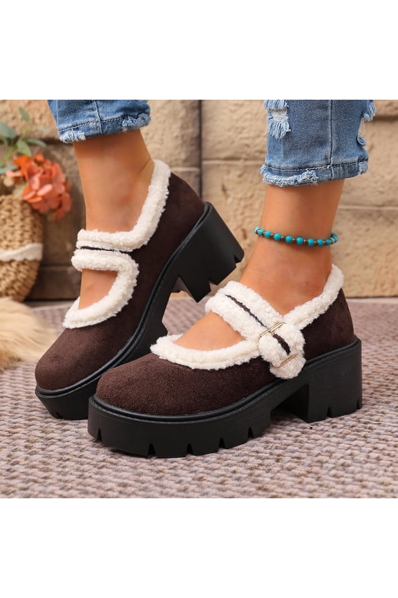 Womens Re-Ro Modern Brown Chunky Platform Mary Janes - Faux Shearling Warm Winter Shoes with Soft Flock Upper, Metal Buckle, 2.5-3 inch Heel, Sizes 36-43,Size 37