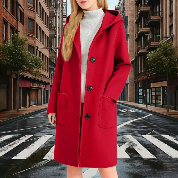 SYMOID Womens Red 50% Wool 50% Polyester Hooded Coat - Fall Winter Warm Mid-Length, Single-Breasted with Front Pockets, Easy-Care for Daily/Work, S-XXL at Walmart,Size L