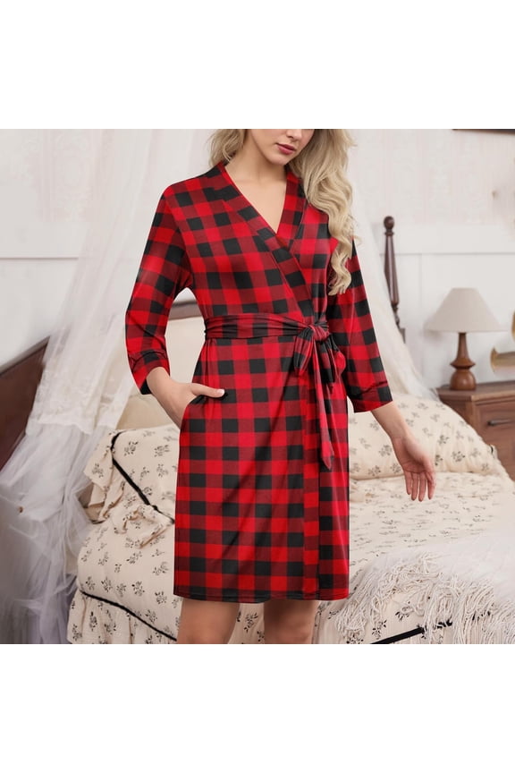 Womens Red Buffalo Plaid Robe - Soft Poly-Cotton, Tie Waist, Long Sleeve Knee-Length, S-XXL,Size XL