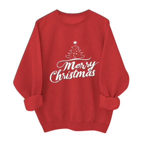 SYMOID Womens Red Christmas Cotton Sweatshirt - Oversized Crew Neck Long Sleeve with Merry Christmas Tree Graphic (S-XXL),Size S