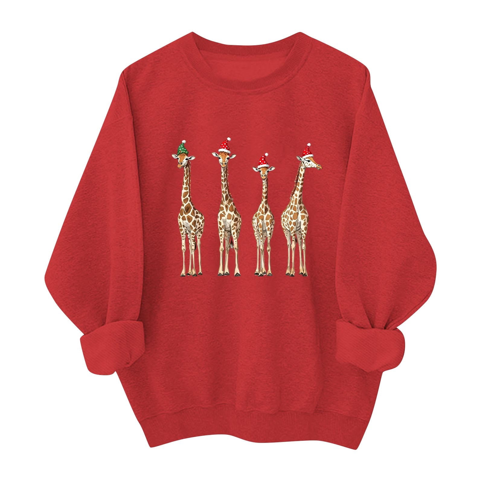 SYMOID Womens Red Christmas Crewneck Sweatshirt, 100% Cotton Loose Fit Festive Giraffe Graphic with Santa/Elf Hat,Size M