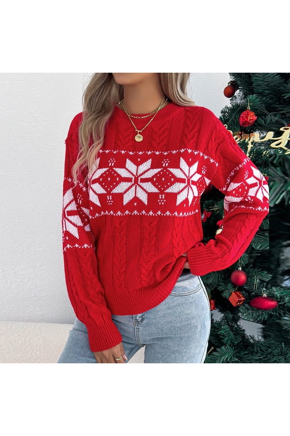 Womens Red Christmas Knit Sweater - Soft Acrylic Festive Snowflake Pullover, Long Sleeve Ribbed Hem, Relaxed Fit for Holiday Parties & Daily Winter Wear (S-XL),Size L